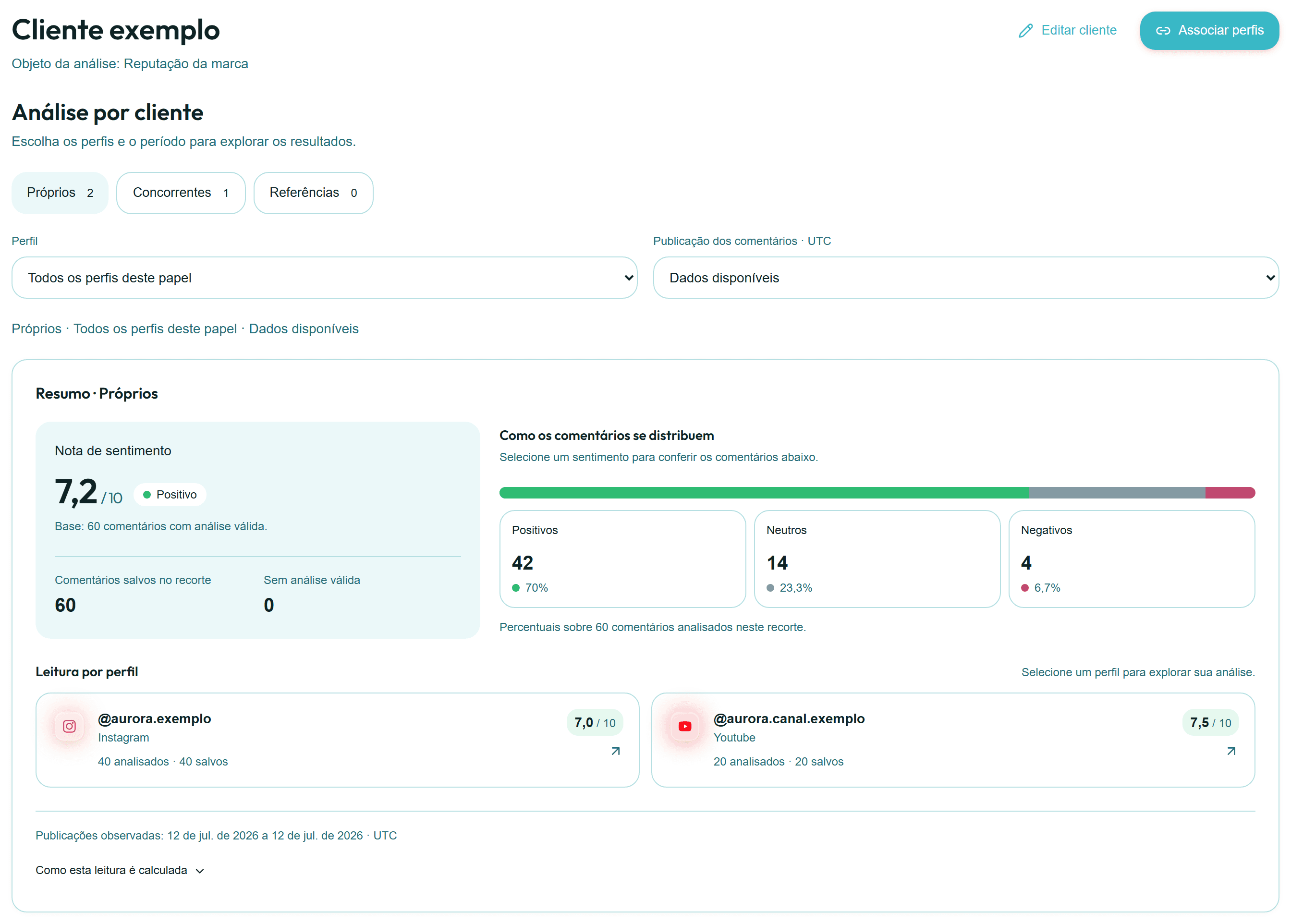 Interface da análise por cliente do Sentimenta com um cliente exemplo e seus perfis.